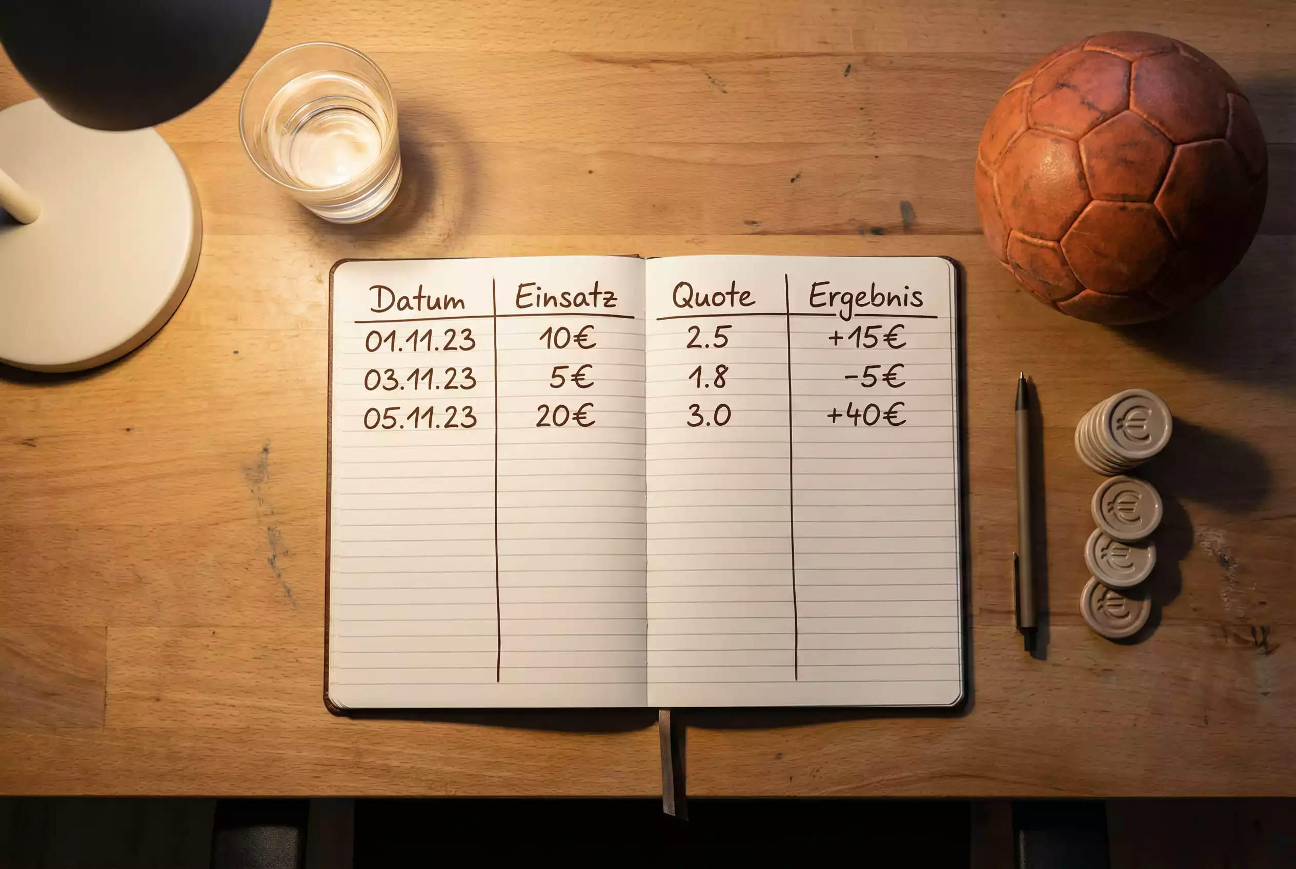 Bankroll Management Sportwetten: Geordneter Schreibtisch mit Notizbuch und Wettplanung