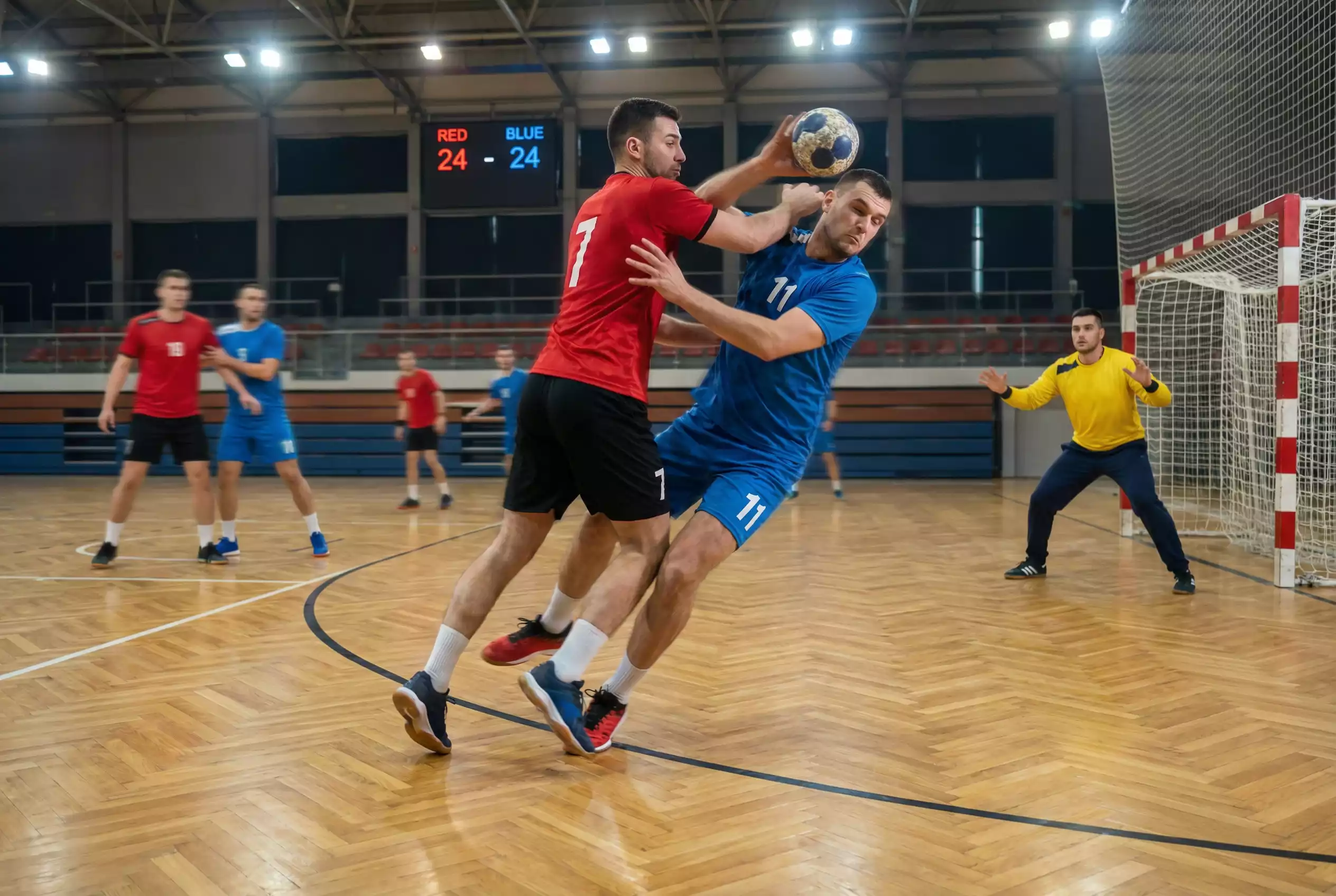 Doppelte Chance Handball Wetten: Zwei Handballspieler im Zweikampf vor dem Tor