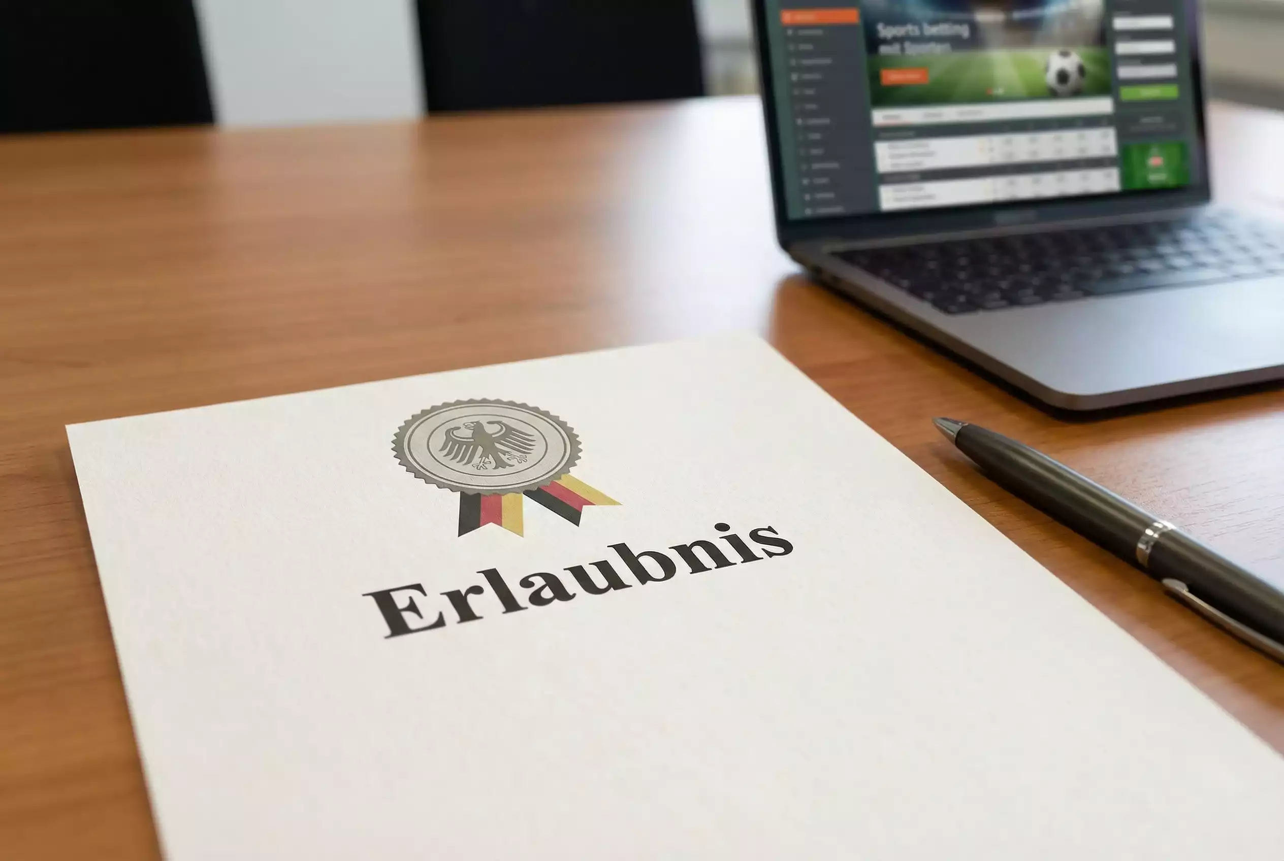 GGL-Lizenz Sportwetten: Offizielles Siegel auf einem Dokument neben einer Tastatur