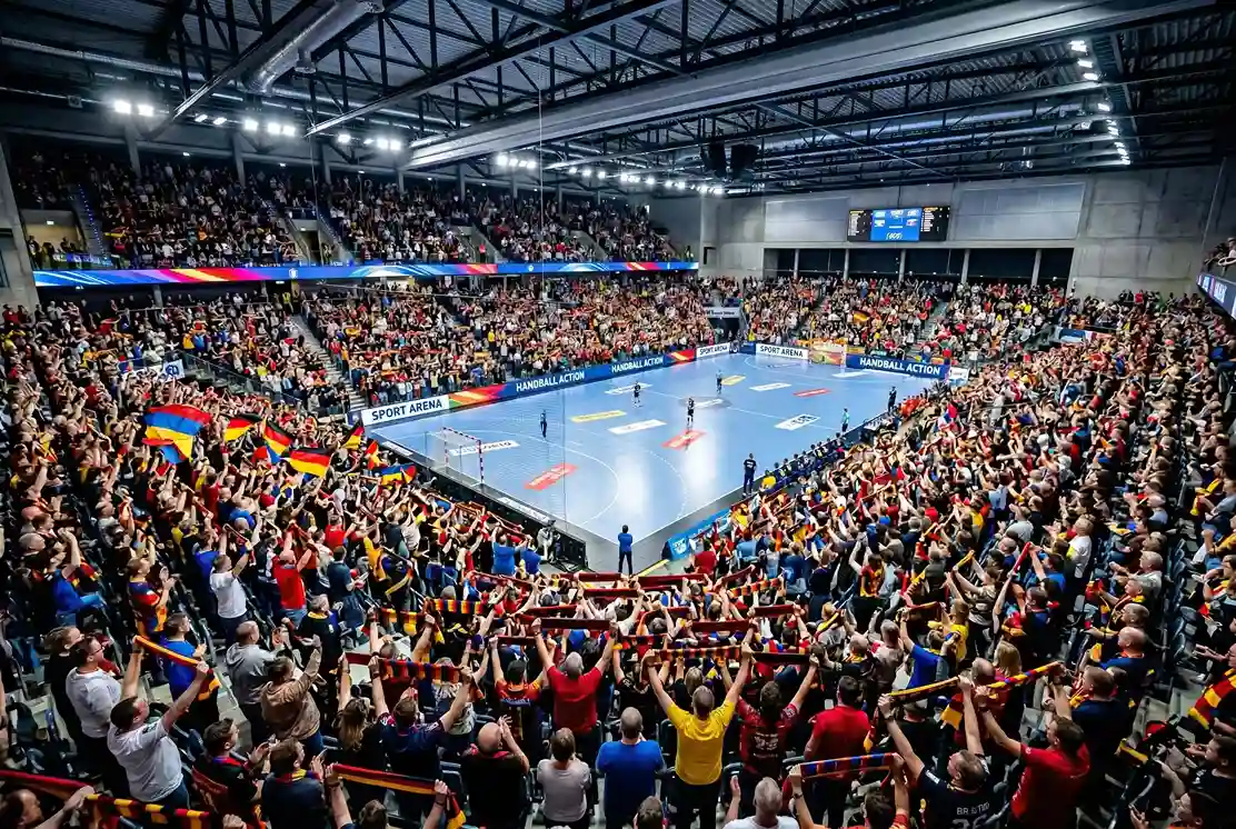 Ausverkaufte Handball-Bundesliga-Arena mit Fans und Vereinsfarben