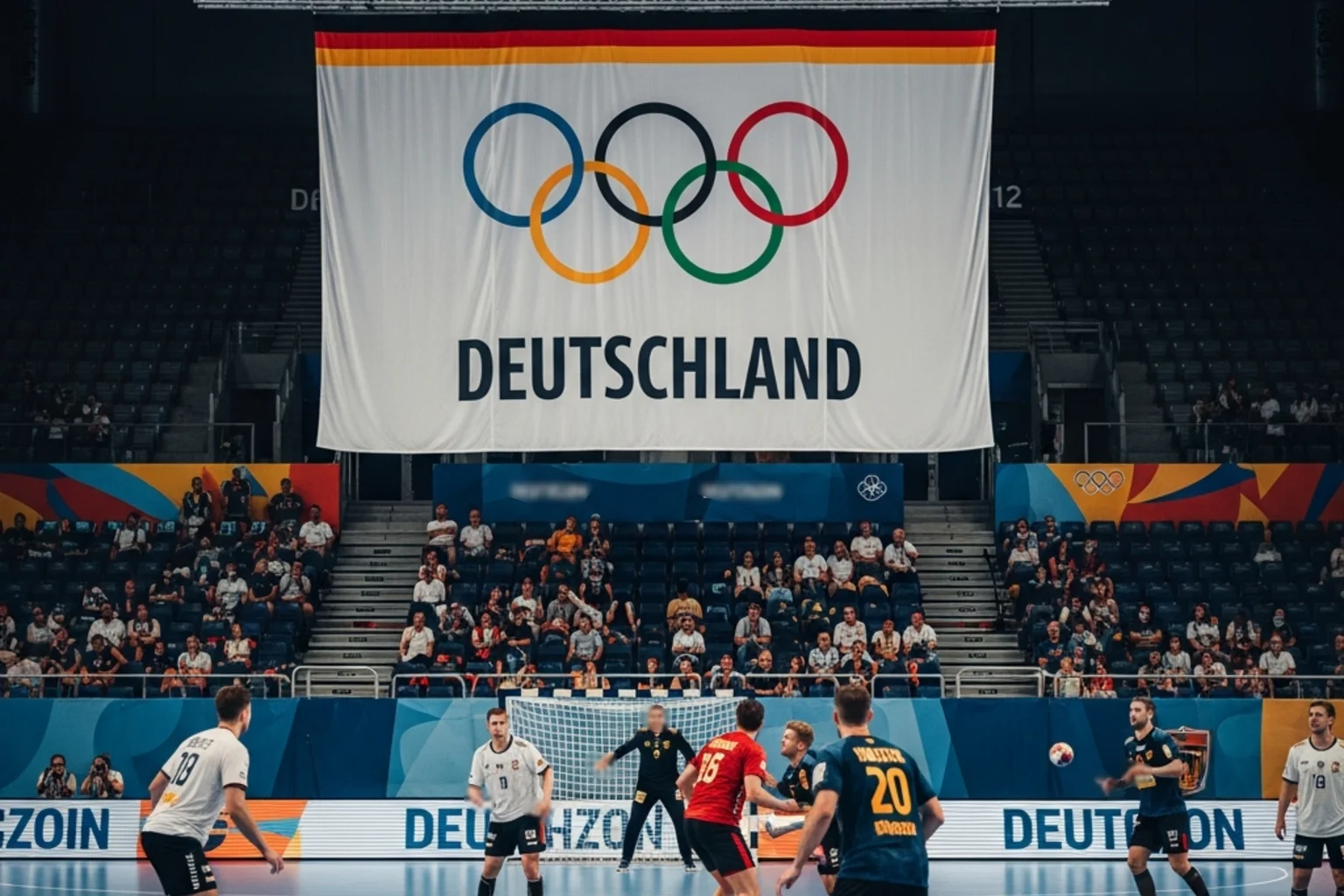 Handball Olympia Wetten: Handballspiel in einer olympischen Arena mit Ringen-Symbol