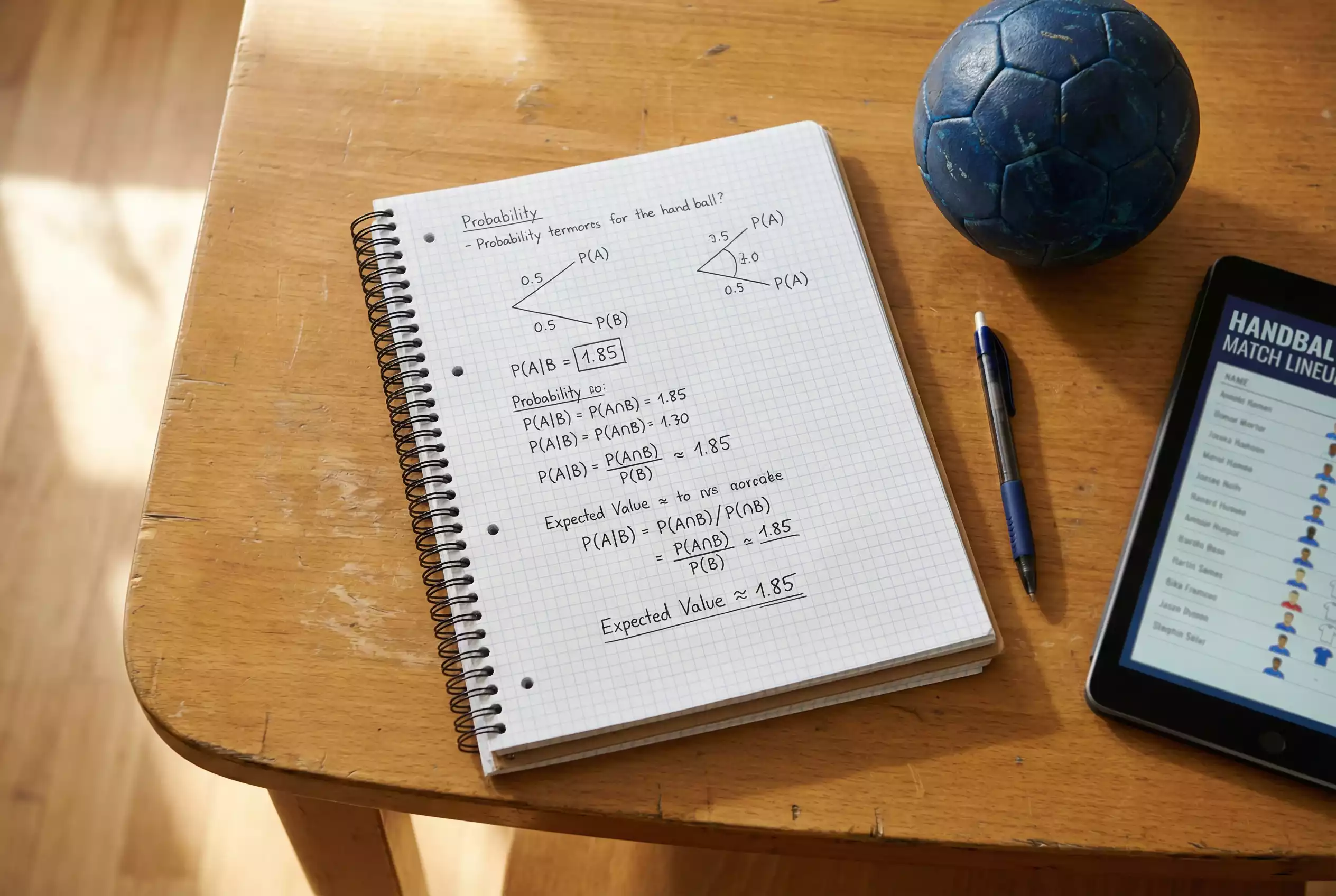 Handball Quoten berechnen: Notizbuch mit Quotenanalyse neben einem Handball