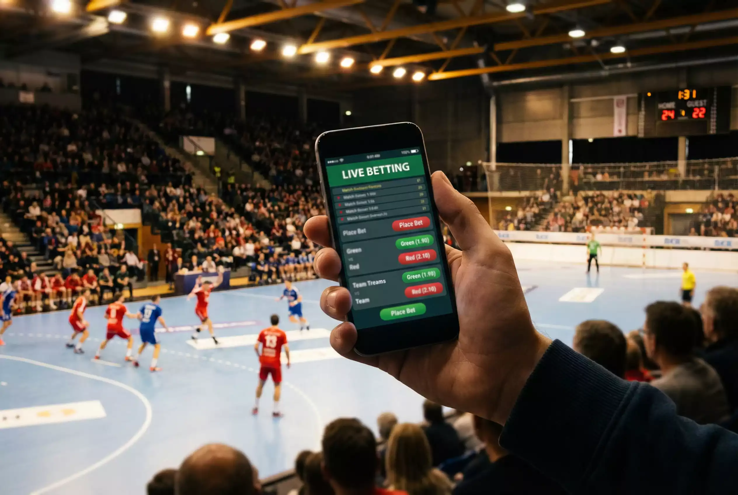 Handball Sportwetten App: Hand hält Smartphone mit Livewetten während eines Spiels