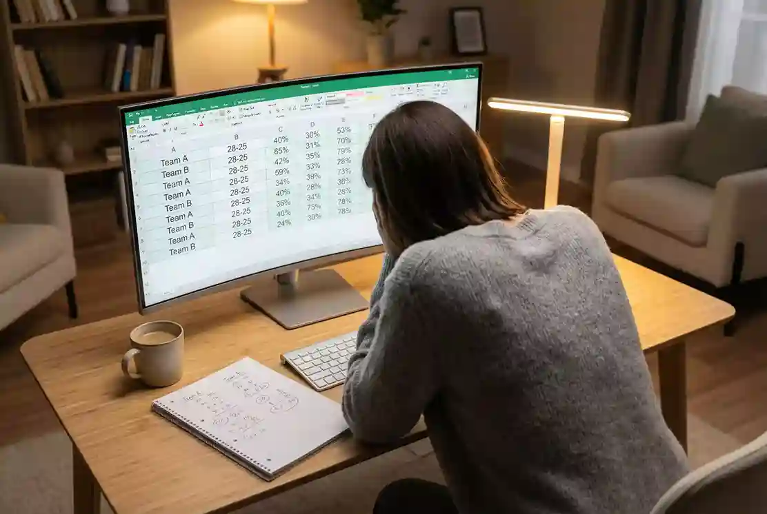 Analyst vor einem Bildschirm mit Handball-Statistiken und Quotenvergleich