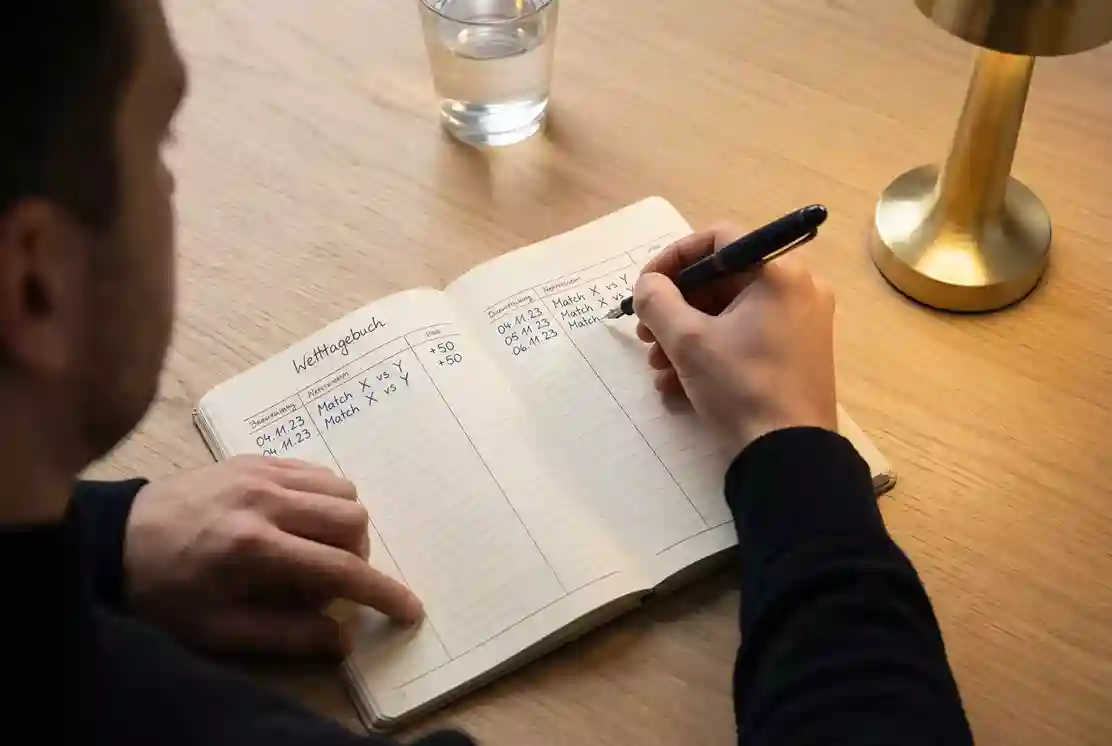 Person am Schreibtisch notiert Wettbudget in einem strukturierten Wetttagebuch
