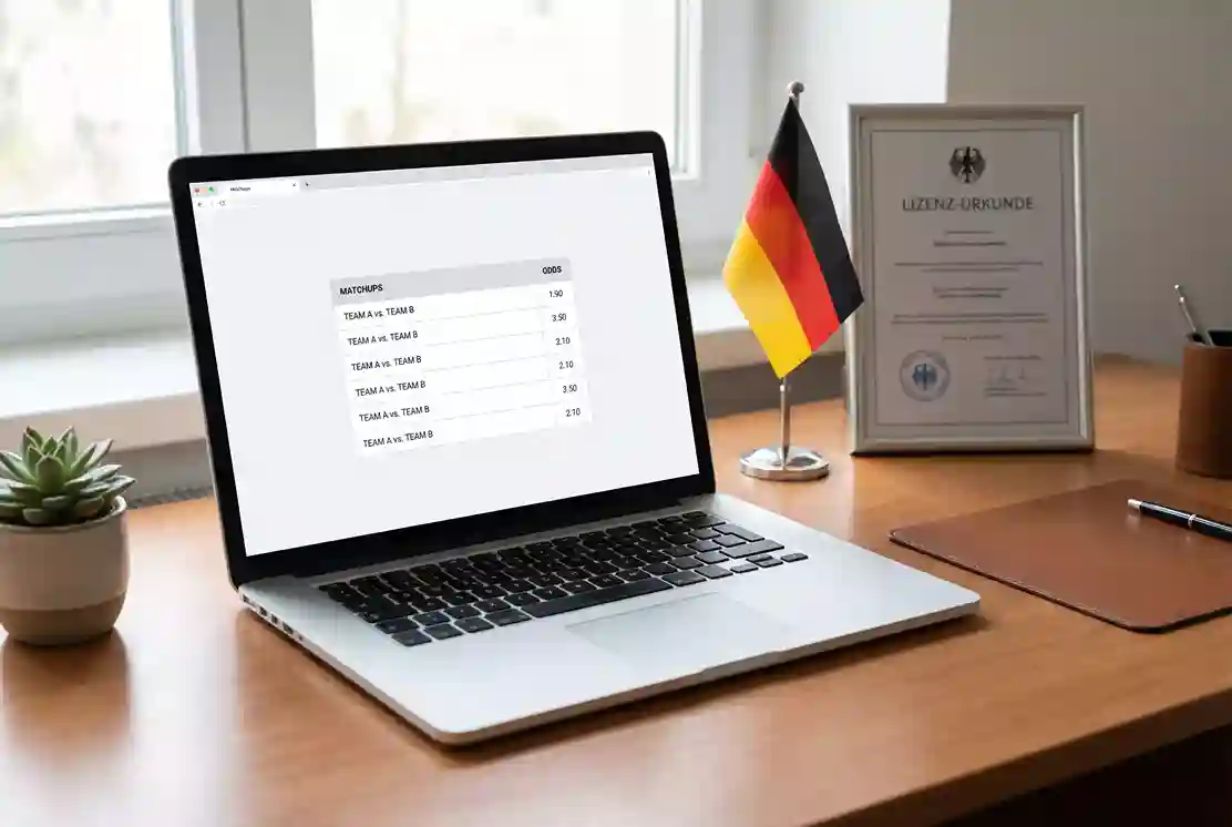 Laptop-Bildschirm mit Sportwetten-Plattform und GGL-Lizenz-Symbol