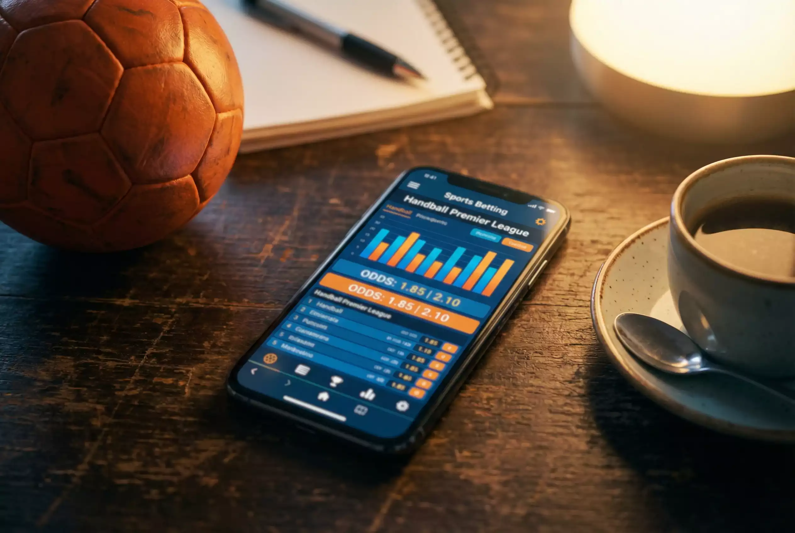 Handball Wetten Bonus: Smartphone mit Wett-App neben einem Handball auf dem Tisch