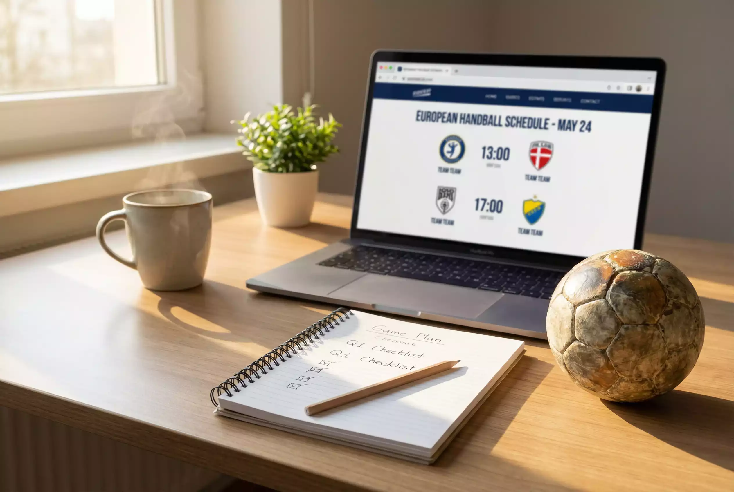 Handball Wetten Tipps heute: Laptop mit Spieltagsanalyse und Handball daneben