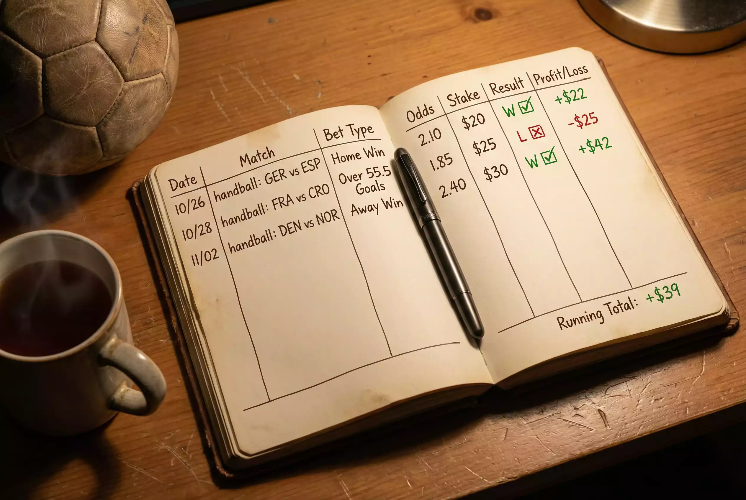 Handball Wetttagebuch: Aufgeschlagenes Notizbuch mit Wettergebnissen und Stift