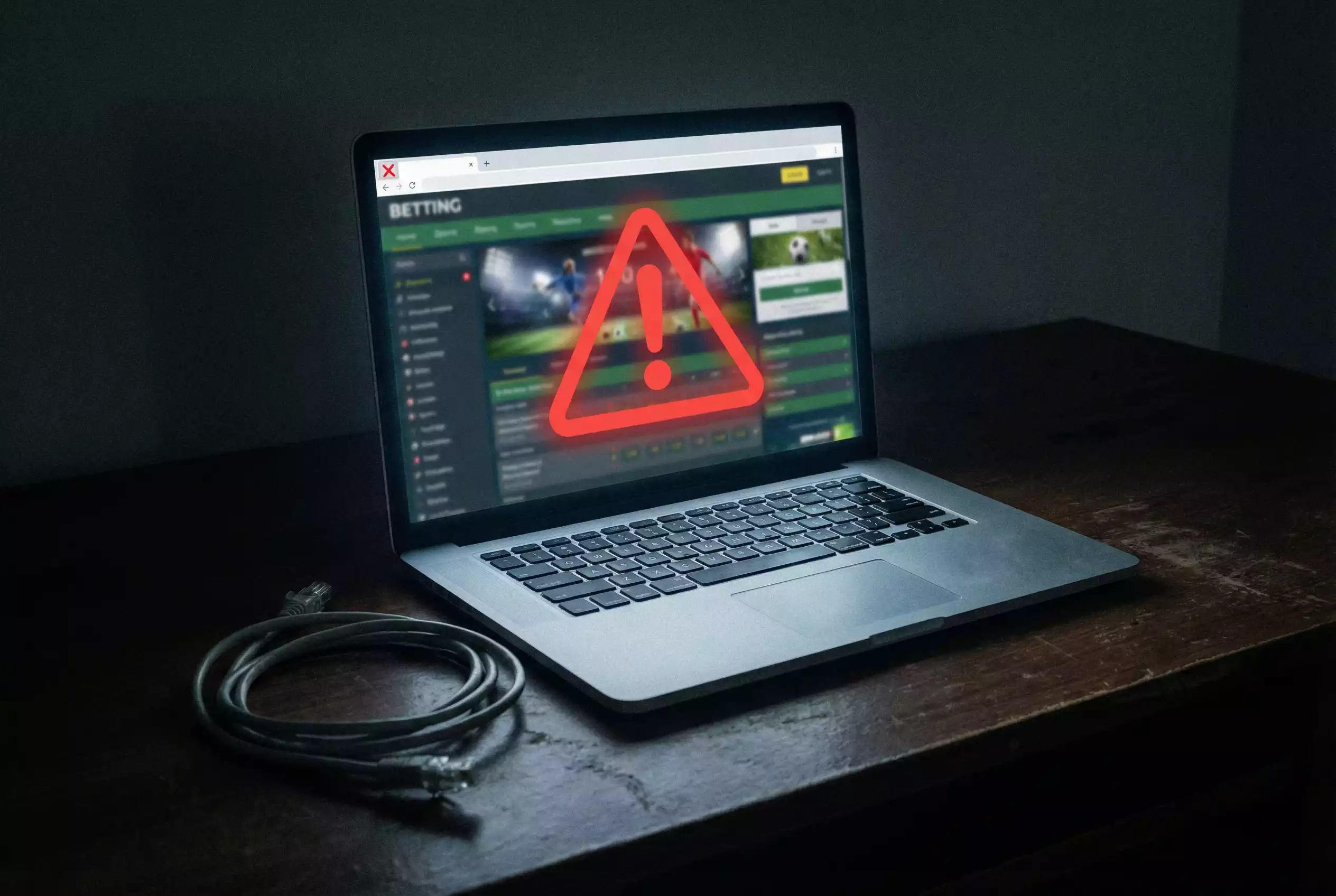 Schwarzmarkt Sportwetten: Warnschild vor einem dunklen Laptop-Bildschirm