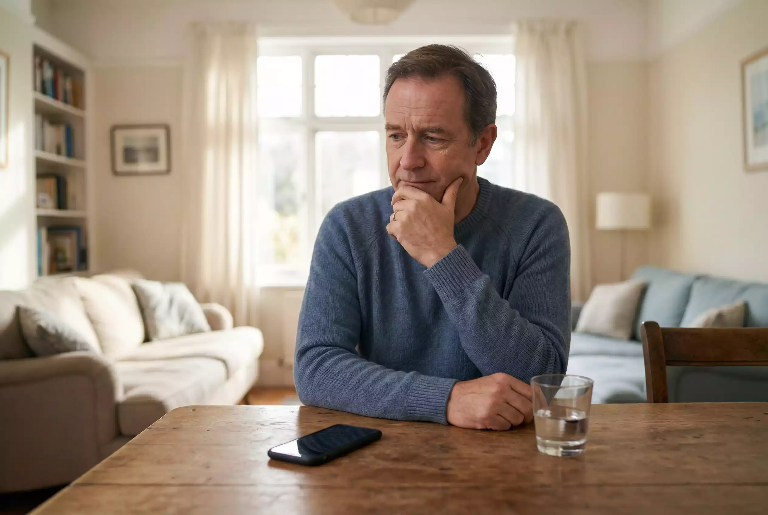 Spielsucht Sportwetten: Person stützt nachdenklich den Kopf, Smartphone auf dem Tisch