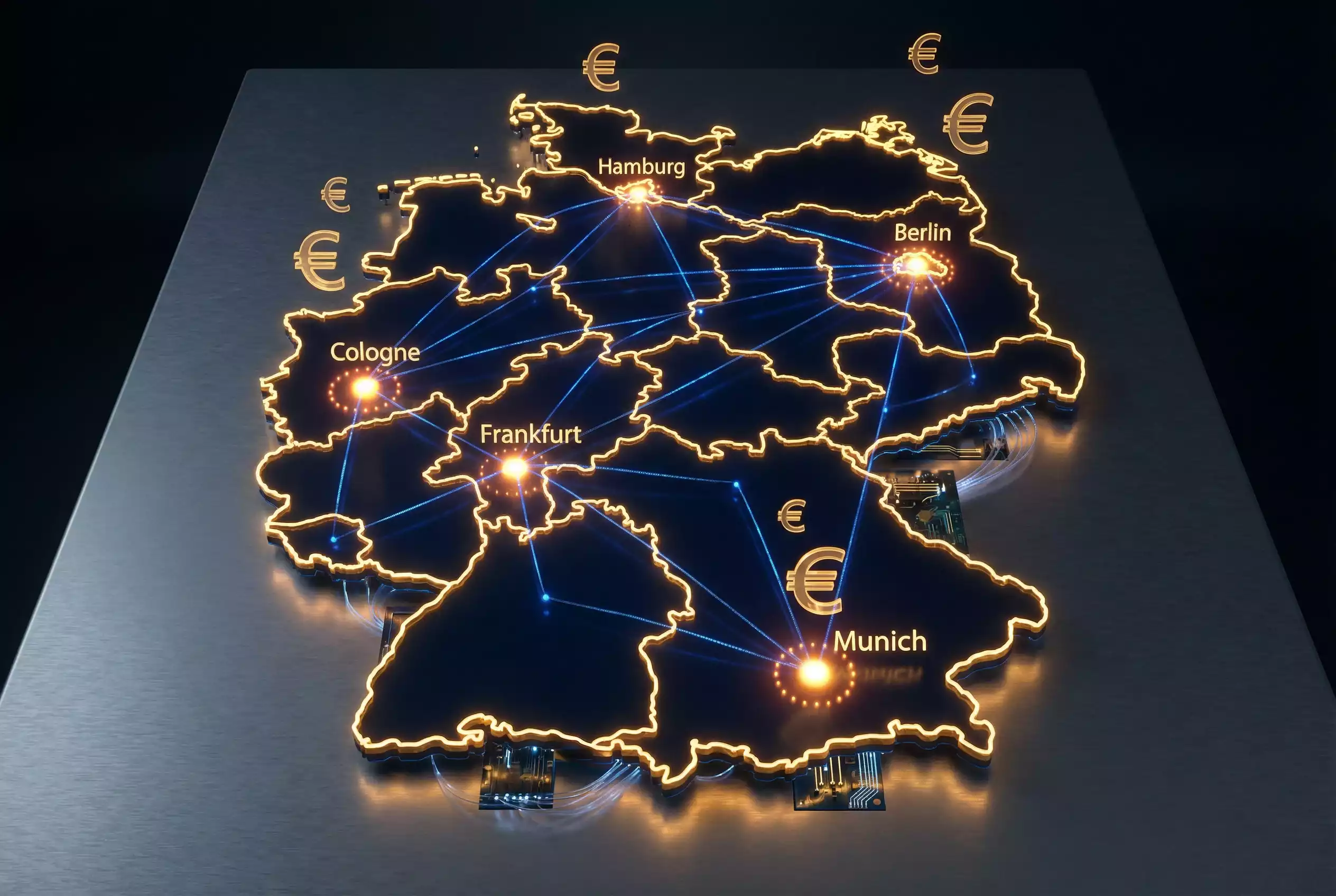 Sportwetten Markt Deutschland: Deutschlandkarte mit leuchtenden Standortmarkern